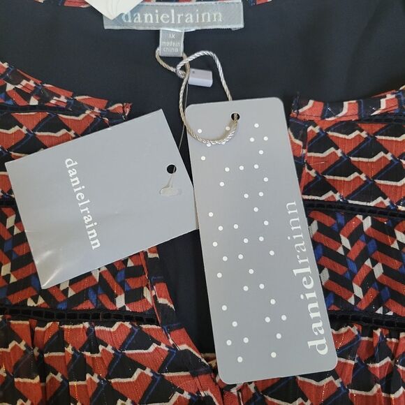 $74 NEW 1X DANIEL RAINN NORDSTROM rust blue cream metallic sheer sleeve top NWT - Picture 4 of 9